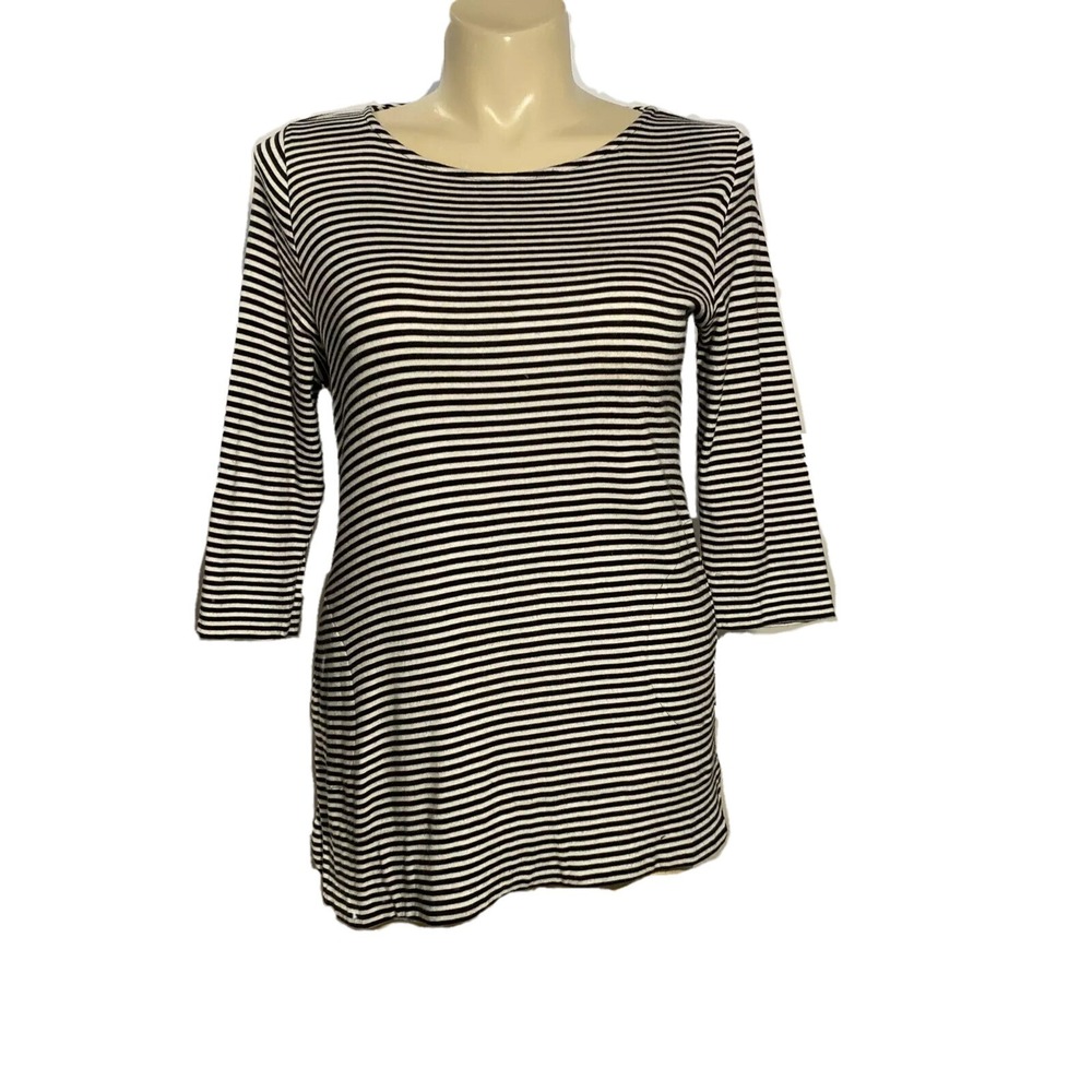 Chicos Ultimate Tee LARGE White Black Stripe Pocket Asymmetric Elbow Sl Tunic
